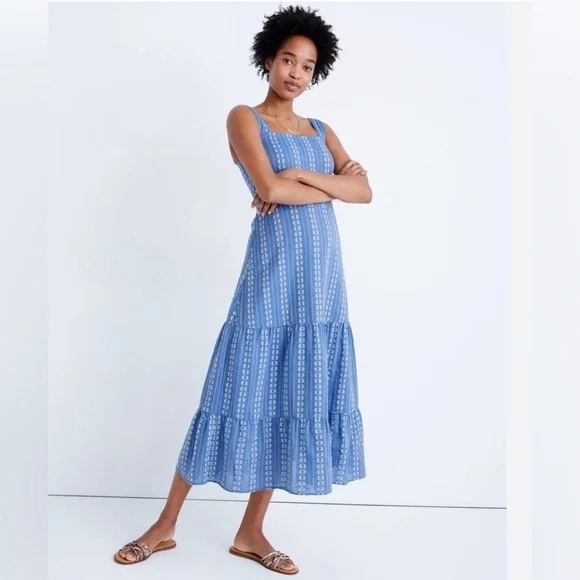 Women's Madewell Dobby Stripe Button Back Tiered Sundress, Size 4 - Blue